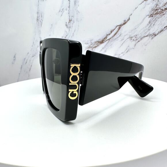 New GUCCI Sunglasses Black Gold Logo Square Oversized 51mm Grey Lens Womens main image 5